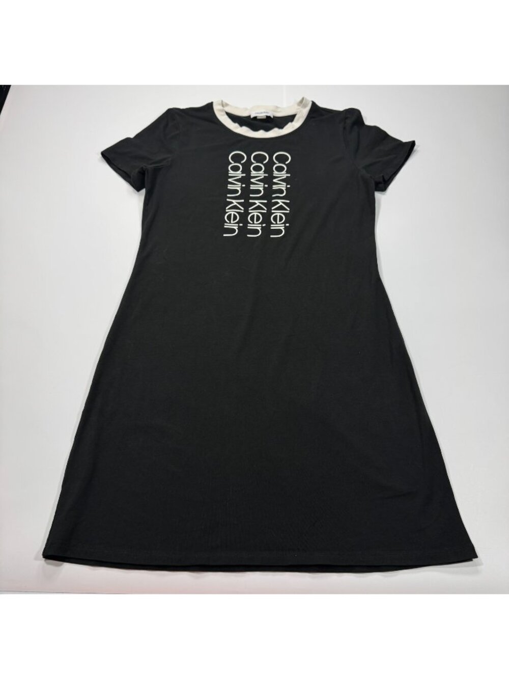 Calvin Klein Dress Women's M Black Spell-Out Logo Cotton T-Shirt Ribbed Stretch